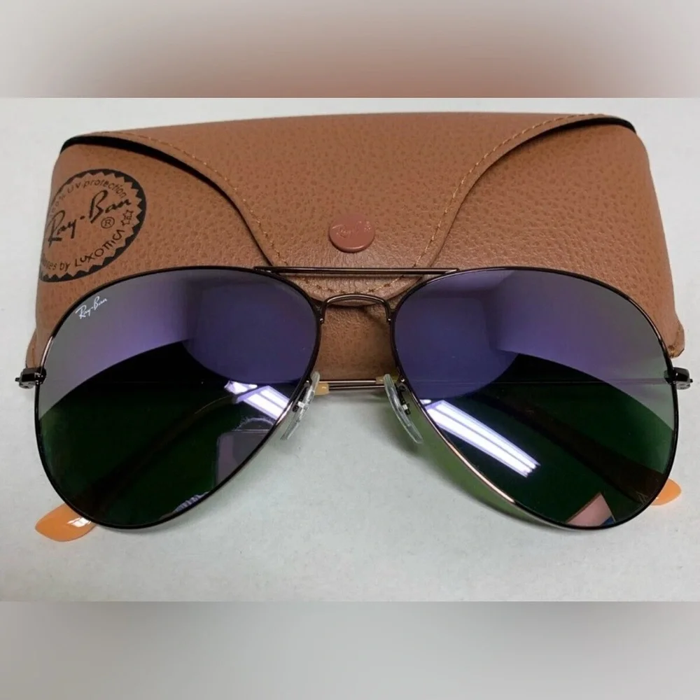 Ray-Ban Aviator Sunglasses RB3025 58mm Bronze Frame & Purple Green Lenses Unisex